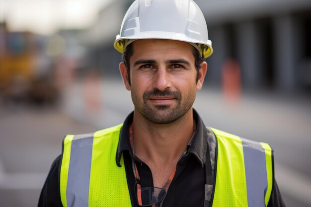 Foto ingegnere dai capelli corti che indossa un casco e un giubbotto di sicurezza