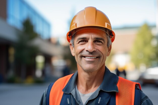 Foto ingegnere dai capelli corti che indossa un casco e un giubbotto di sicurezza