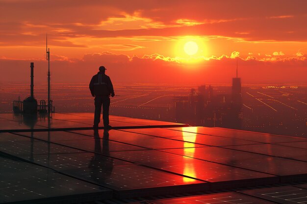 Engineer in silhouette servicing solar cells on a factory roof at sunrise The early morning light