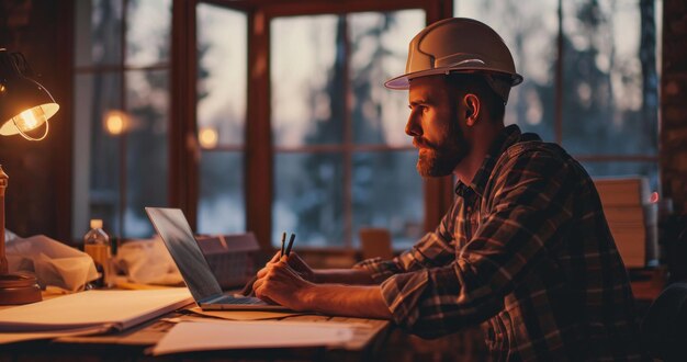 Photo an engineer sits at his desk writing on a laptop and holding a hard hat