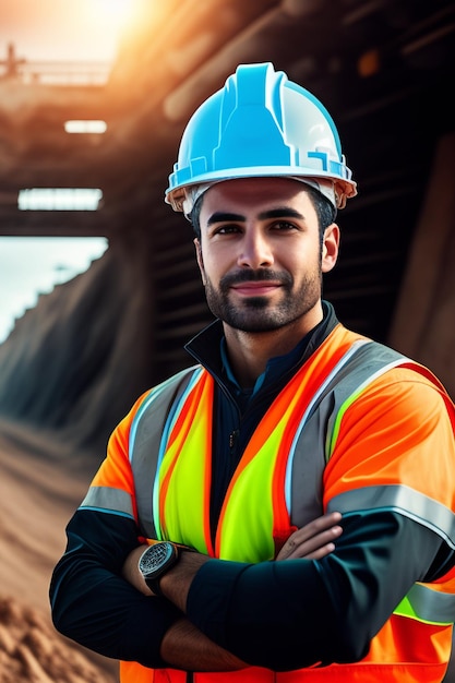 Engineer smart young cute brunette girl civil worker in helmet and vest very excited