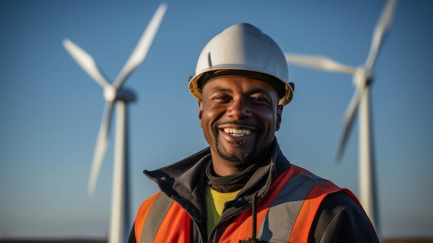 Engineer smiling at wind farm dedicated to renewable energy advances