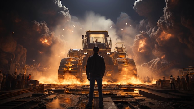 Engineer standing in front of bulldozer