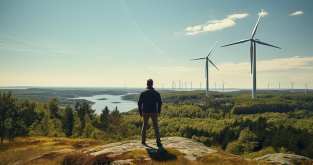 A engineer standing on top of a wind turbine