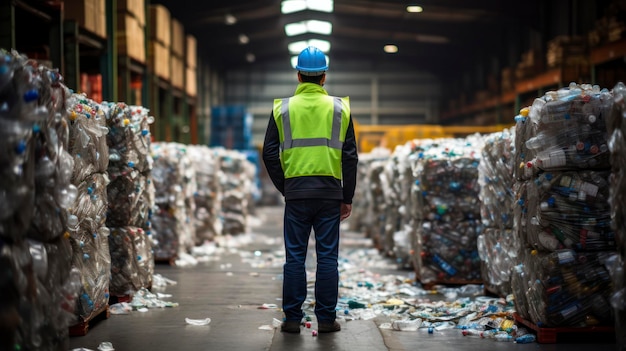 Engineer stands and looks back Plastic bottles in the recycling industry