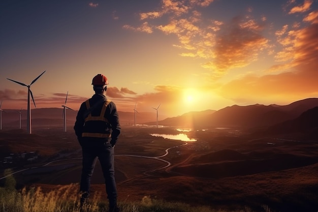 an engineer stands on top of a windmill and looks at a beautiful sunset landscape uhd32k ar 32 style raw Job ID cc85f782e5074b3e87e9df7ab5bedf30