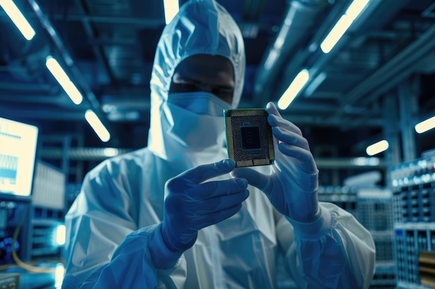 Photo engineer in sterile coverall examines microchip in modern factory