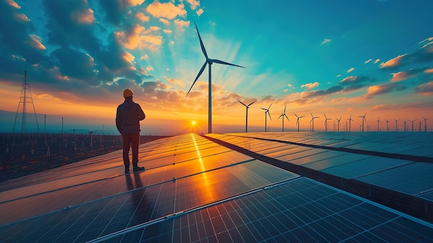 Engineer Surveying Solar Panels and Wind Turbines at DuskxA clean energy concept