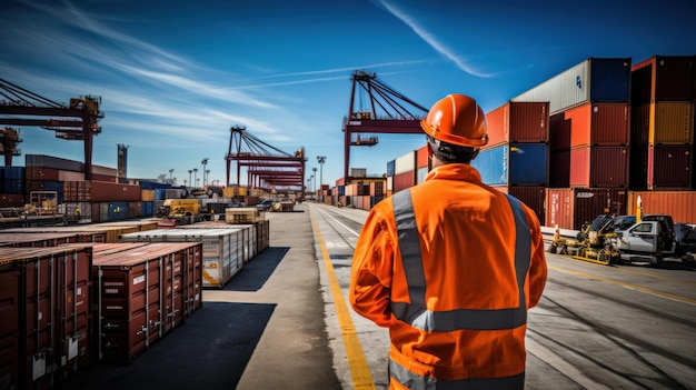 Engineer and tablet at container yard from cargo ship for importexport Port control officer