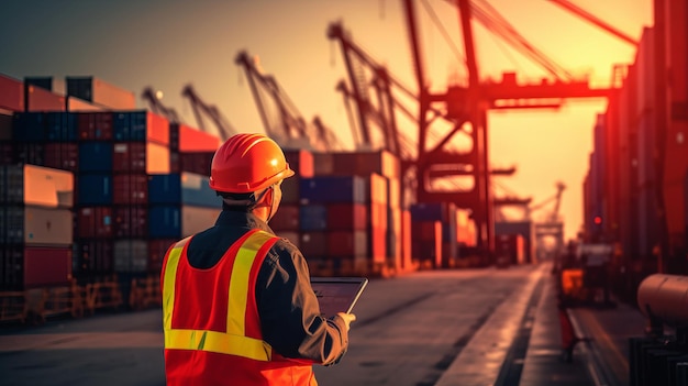 An engineer and tablet at Containers yard from Cargo freight ship for import export Transportation