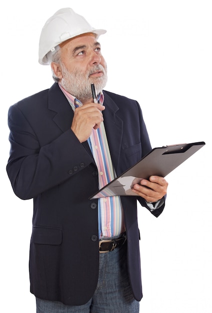 Engineer taking notes a over white background