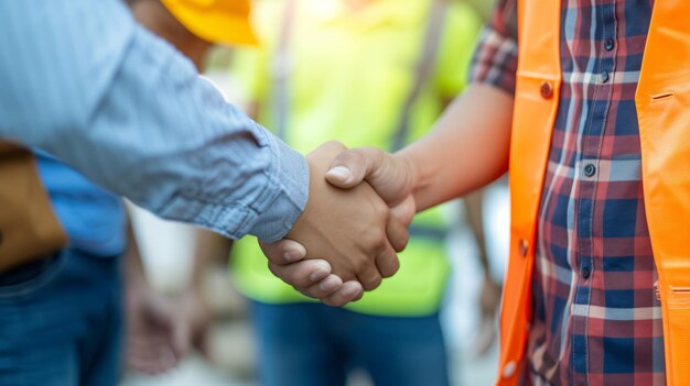 Foto il team di ingegneri incarna la collaborazione di successo mentre si stringono le mani con entusiasmo il loro forte lavoro di squadra assicura il trionfo del progetto