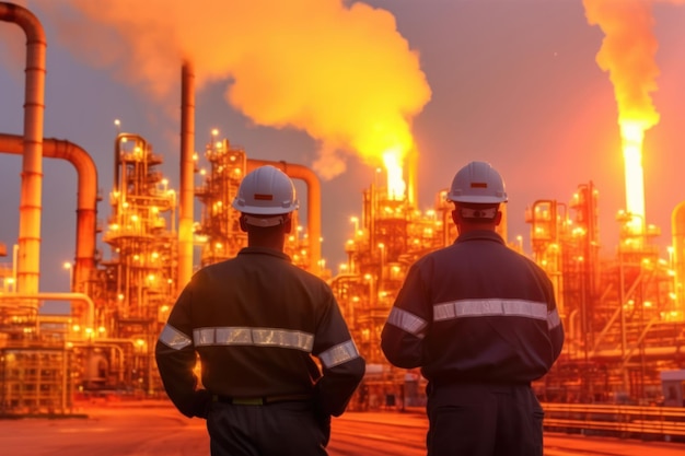 Engineer team in uniform are safety survey of the oil refiner industry