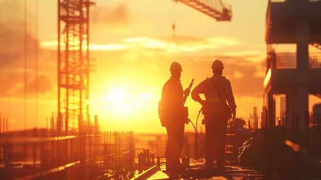 Engineer and team working at construction site during sunset