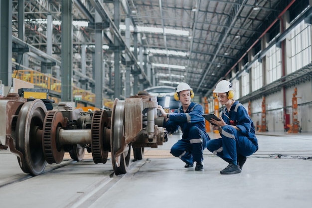 Engineer team working maintenance service fix replace train wheel in locomotive train repair depot