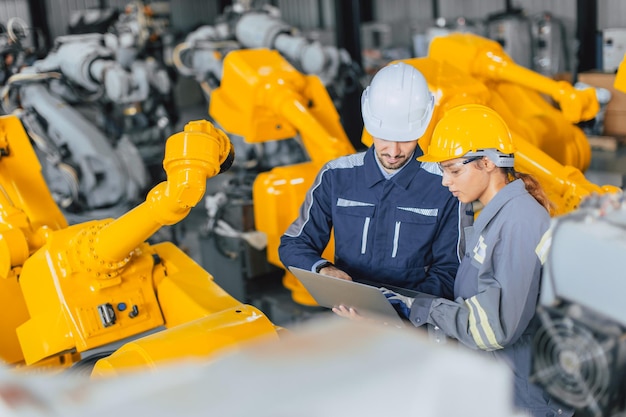 ロボット組立産業工場で検査品質のロボットアームを一緒に働くエンジニアチーム