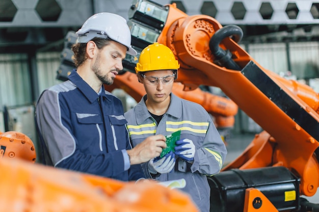 Engineer team working together inspection quality robot arm in robot assembly industry plant