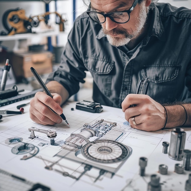 engineer technician designing drawings mechanical parts engineering engine manufacturing factory