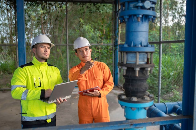 Engineer and technician maintenance checking technical data of system equipment Condenser Water pump and pressure gaugeenvironmentalist working at water supply