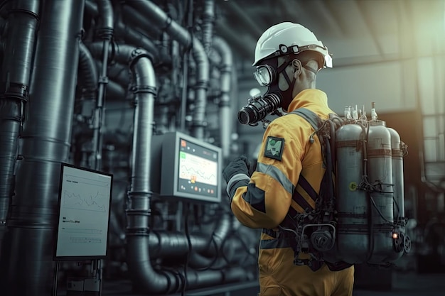 Engineer technician wearing safety PPE uniform that record data from display monitor Generative AI