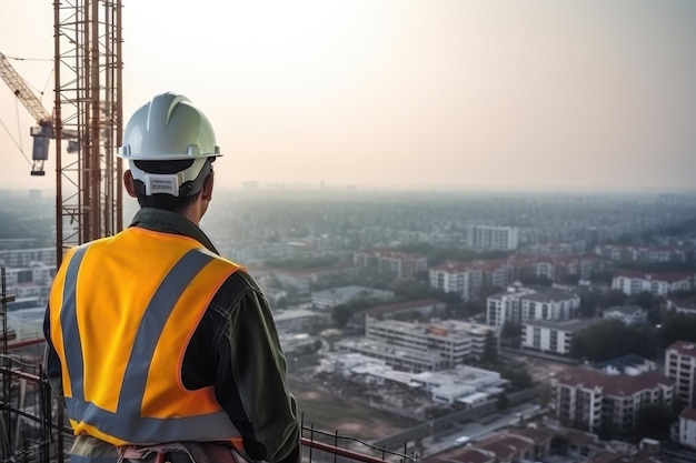 Engineer on top of building looking on crane