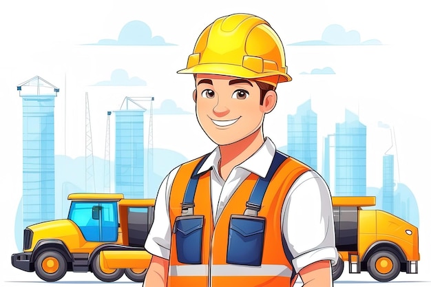 engineer in uniform and vest with crossed arms on background of cartoon character illustrationengine