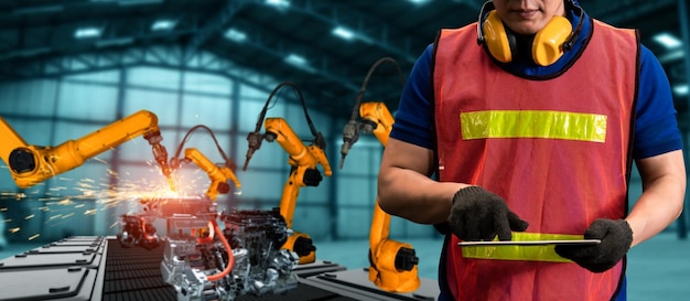 엔지니어는 고급 로봇 소프트웨어를 사용하여 공장에서 산업용 로봇 팔을 제어합니다.