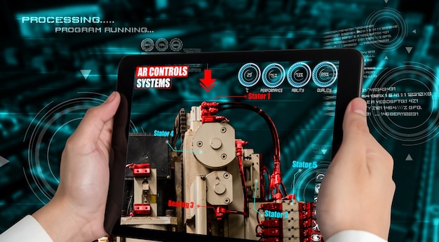 Engineer use augmented reality software in smart factory production line