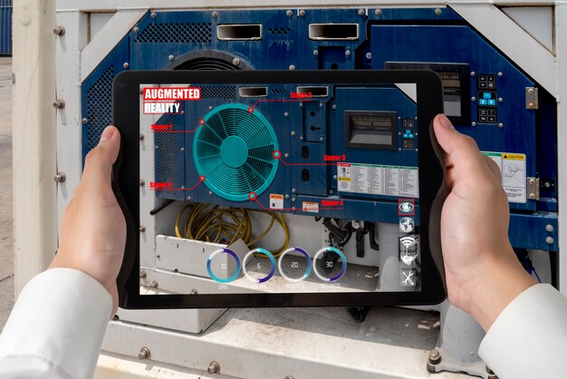 L'ingegnere utilizza il software di realtà aumentata nella linea di produzione della fabbrica intelligente