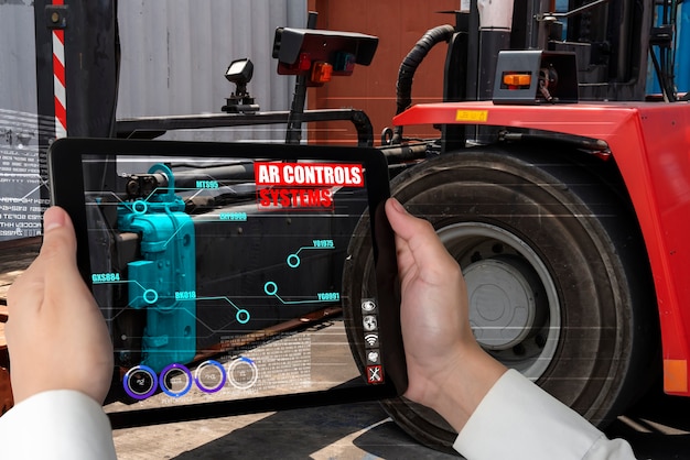 Engineer use augmented reality software in smart factory production line