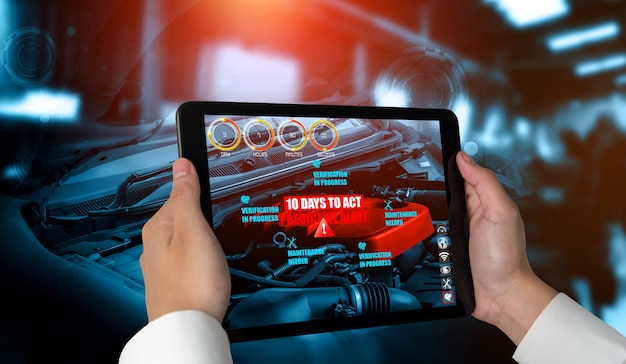 Engineer use augmented reality software in smart factory production line