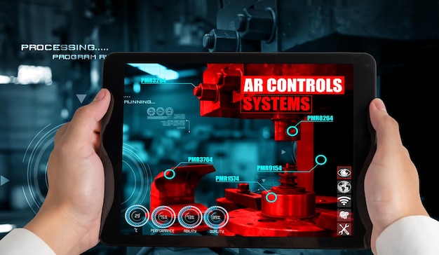 Engineer use augmented reality software in smart factory production line