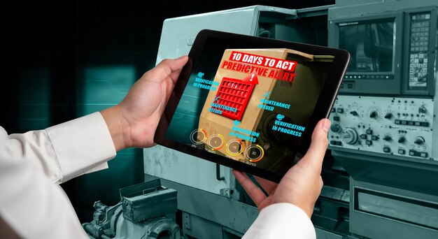 Engineer use augmented reality software in smart factory production line