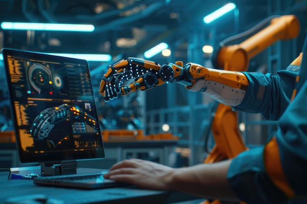 Photo engineer uses laptop to maintain robotic hand in automotive factory