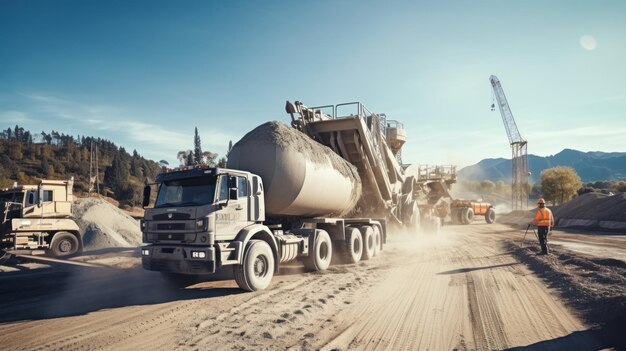 Photo an engineer uses a tablet computer on his machine to control the loading of cement onto