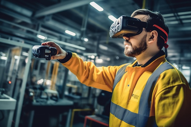 Engineer using AR glasses to visualize machine components or operational processes illustrating Ind