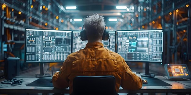 engineer using computer with dual screens designing component in cad program with factory visible through window concept engineer working computer design factory window cad program dual screens