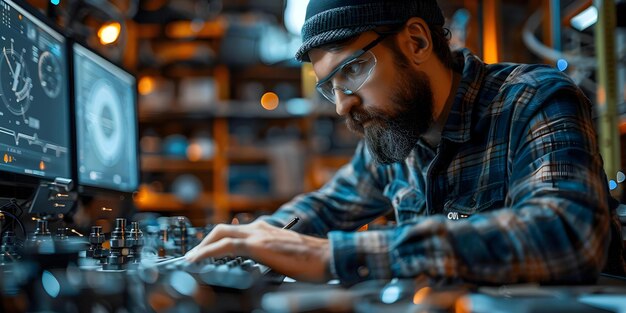 an engineer using a computer with dual screens designing a component in a cad program with a factory visible through the window concept engineering computer technology cad design dual screens