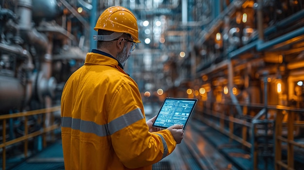 Engineer using a digital tablet to monitor and analyze machinery at a manufacturing generative ai