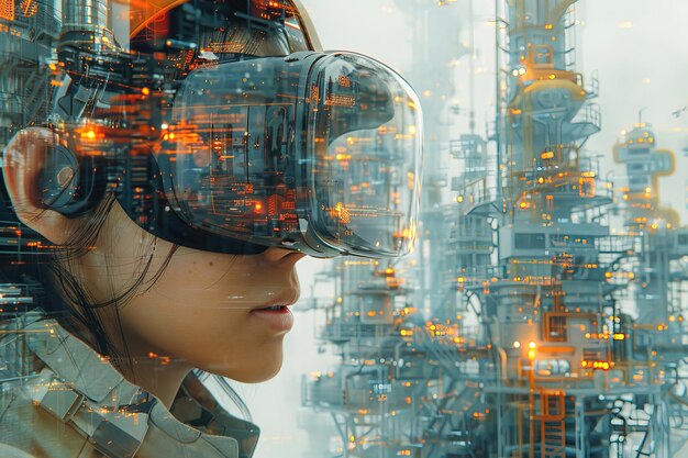 Engineer Visualizing Industrial Complex Through VR Headset