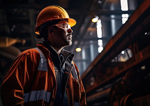 Photo an engineer wearing a hard hat and safety gear inspecting a massive industrial machine the camera