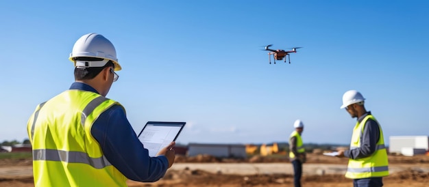 engineer wearing helmet and safety cloth using a digital tablet