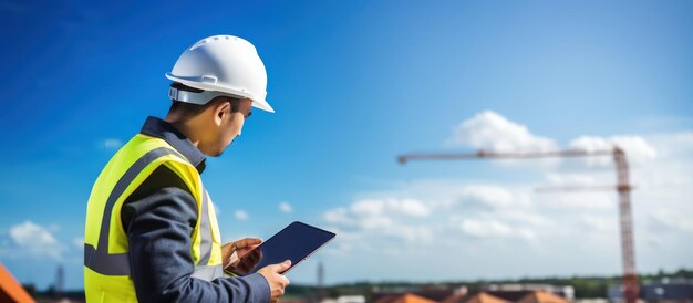 engineer wearing helmet and safety cloth using a digital tablet