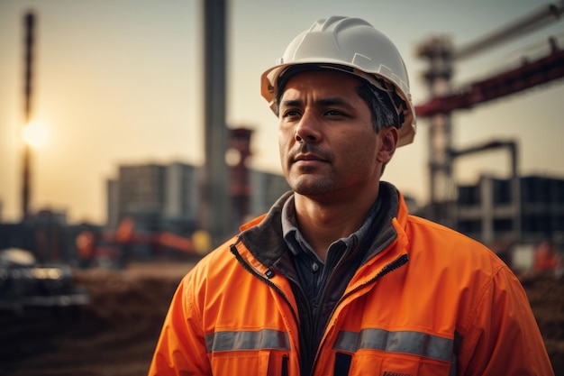 engineer wearing safety hat look toward construction site with building construction in background