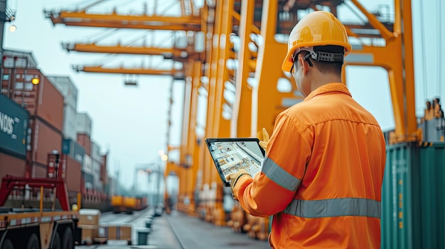 Engineer wearing uniform inspection and see detail on tablet with logistics container dock cargo yard with working crane bridge in shipyard with transport logistic import export background