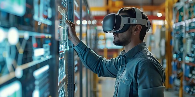 engineer wearing vr goggles interacts with a 3d cloud infrastructure model concept virtual reality cloud infrastructure engineering 3d model technology