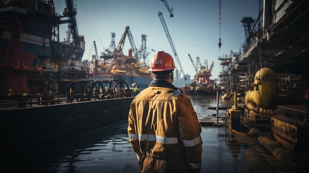 An engineer wearing a white helmet from behind at a shipyard