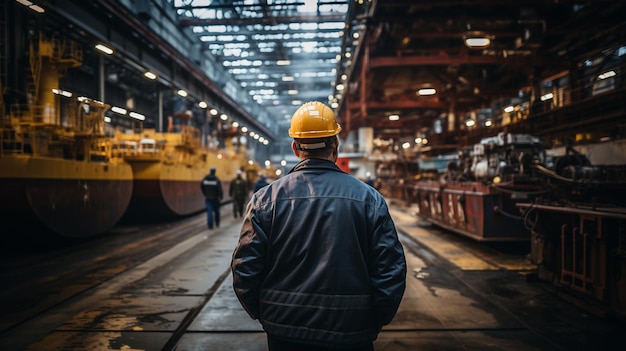 An engineer wearing a white helmet from behind at a shipyard