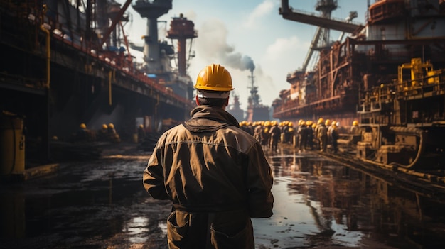 An engineer wearing a white helmet from behind at a shipyard