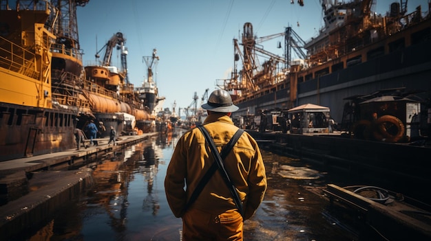 An engineer wearing a white helmet from behind at a shipyard